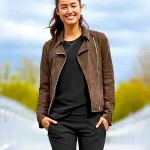 Like New Athleta Helena Suede Moto Jacket Dark Taupe size medium